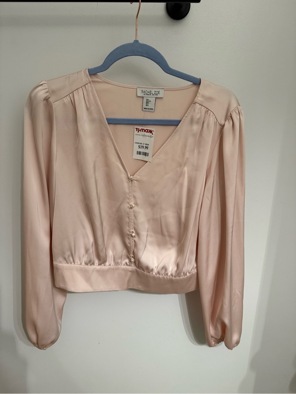 Rachel Zoe Pale Pink Satin V-Neck Cropped Blouse